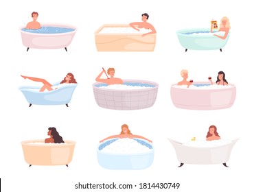 Bathtub characters. People taking bath water relax therapy in foam happy persons washing vector illustrations