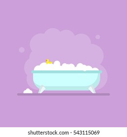 Bathtub colorful flat illustration with bubbles and rubber duck inside isolated