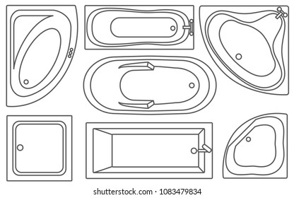 Bathtub contours top view collection.Vector illustration. Set of different tubs types.