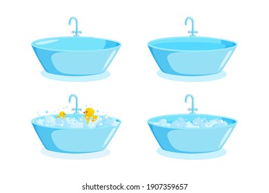 Bathtub with faucet, ducks and suds. Ellipse tub set with tap with soap foam. Vector illustration in cartoon style