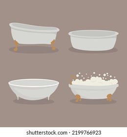 Bathtub with faucet and shower. Set of various baths with bubbles and foam isolated on a colored background. Vector illustration in cartoon style
