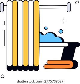 A bathtub filled with bubbles sits next to a shower curtain and folded towel. It represents hotel room amenities and bathroom hygiene standards for travelers.