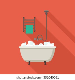 Bathtub flat illustrations with shower and towel.