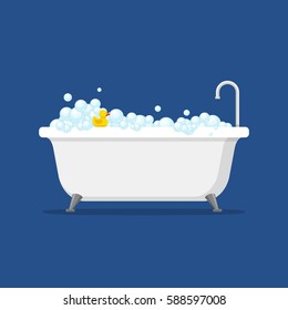 Bathtub with foam bubbles inside and bath yellow rubber duck isolated on blue background. Bath time in flat style vector illustration