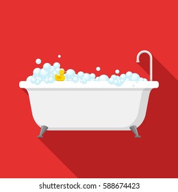 Bathtub with foam bubbles inside and bath yellow rubber duck on red background with shadow. Bath time icon in flat style vector illustration