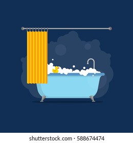 Bathtub with foam bubbles inside and bath yellow rubber duck and open shower curtain isolated on blue background. Bath time in flat style vector illustration