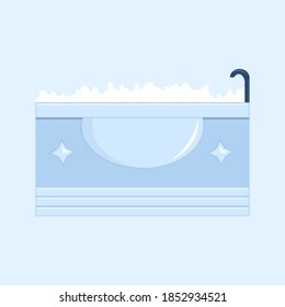 Bathtub with foam bubbles inside. Bathroom interior. Flat vector illustration on blue background.