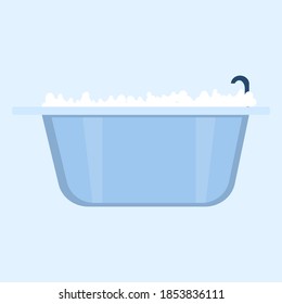 Bathtub with foam bubbles inside. Bathroom interior. Flat vector illustration on blue background.