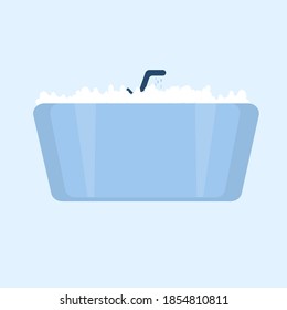 Bañera con burbujas de espuma en el interior. El interior del cuarto de baño. Ilustración vectorial plana sobre fondo azul.