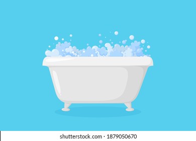Bathtub with foam. Bubbles and suds in the tub ready for relax bathing isolated in blue background. Vector illustration in cartoon style