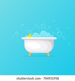 Bathtub with foam bubbles and yellow rubber duck. Vector illustration