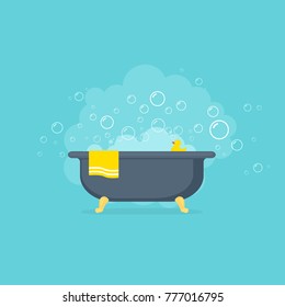 Bathtub with foam bubbles and yellow rubber duck. Vector illustration