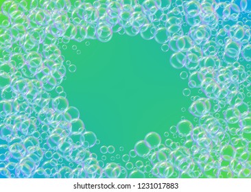 Bathtub foam. Detergent soap bubble and suds for bath. Shampoo. 3d vector illustration banner. Minimal fizz and splash. Realistic water frame and border. Green colorful liquid bathtub foam.