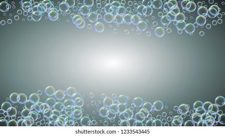 Bathtub foam. Detergent soap bubble and suds for bath. Shampoo. Minimal fizz and splash. Realistic water frame and border. 3d vector illustration concept. Grey colorful liquid bathtub foam.