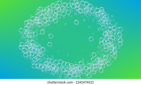 Bathtub foam. Detergent soap bubble and suds for bath. Shampoo. Trendy fizz and splash. Realistic water frame and border. 3d vector illustration concept. Green colorful liquid bathtub foam.