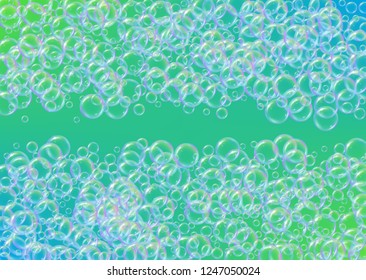 Bathtub foam. Detergent soap bubble and suds for bath. Shampoo. Minimal fizz and splash. Realistic water frame and border. 3d vector illustration flyer. Green colorful liquid bathtub foam.