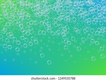 Bathtub foam. Detergent soap bubble and suds for bath. Shampoo. 3d vector illustration banner. Trendy fizz and splash. Realistic water frame and border. Green colorful liquid bathtub foam.
