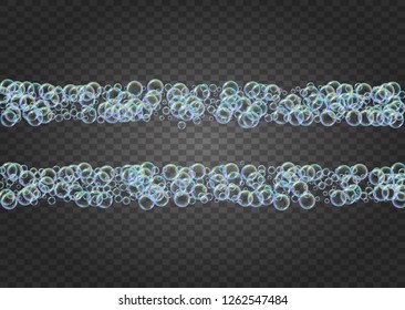 Bathtub foam. Detergent soap bubble and suds for bath. Shampoo. 3d vector illustration design. Bright fizz and splash. Realistic water frame and border. Isolated colorful liquid bathtub foam.