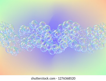 Bathtub foam. Detergent soap bubble and suds for bath. Shampoo. 3d vector illustration poster. Minimal fizz and splash. Realistic water frame and border. Rainbow colorful liquid bathtub foam.