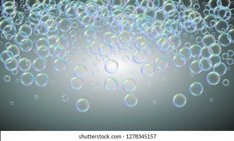 Bathtub foam. Detergent soap bubble and suds for bath. Shampoo. Trendy fizz and splash. Realistic water frame and border. 3d vector illustration flyer. Grey colorful liquid bathtub foam.