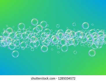 Bathtub foam. Detergent soap bubble and suds for bath. Shampoo. Multicolor fizz and splash. Realistic water frame and border. 3d vector illustration template. Green colorful liquid bathtub foam.