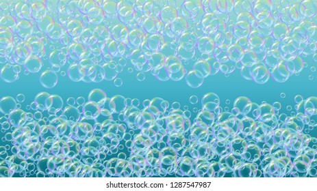 Bathtub foam. Detergent soap bubble and suds for bath. Shampoo. 3d vector illustration concept. Creative fizz and splash. Realistic water frame and border. Blue colorful liquid bathtub foam.