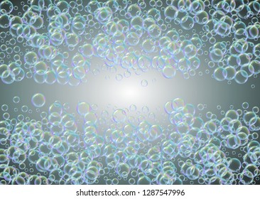 Bathtub foam. Detergent soap bubble and suds for bath. Shampoo. 3d vector illustration banner. Bright fizz and splash. Realistic water frame and border. Grey colorful liquid bathtub foam.