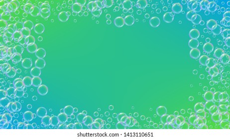 Bathtub foam. Detergent soap bubble and suds for bath. Shampoo. 3d vector illustration design. Trendy fizz and splash. Realistic water frame and border. Green colorful liquid bathtub foam.