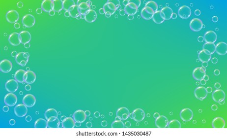 Bathtub foam. Detergent soap bubble and suds for bath. Shampoo. 3d vector illustration template. Trendy fizz and splash. Realistic water frame and border. Green colorful liquid bathtub foam.