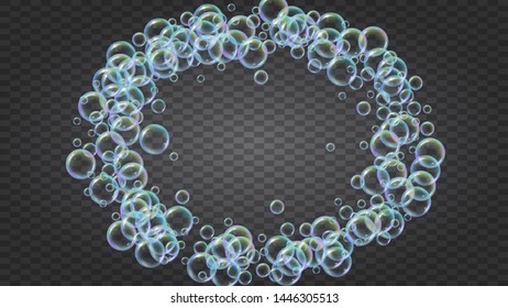 Bathtub foam. Detergent soap bubble and suds for bath. Shampoo. 3d vector illustration design. Stylish fizz and splash. Realistic water frame and border. Isolated colorful liquid bathtub foam.