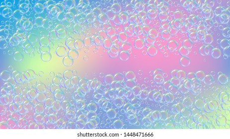 Bathtub foam. Detergent soap bubble and suds for bath. Shampoo. 3d vector illustration poster. Creative fizz and splash. Realistic water frame and border. Rainbow colorful liquid bathtub foam.