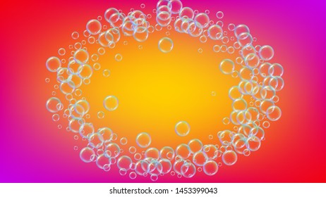 Bathtub foam. Detergent soap bubble and suds for bath. Shampoo. Trendy fizz and splash. Realistic water frame and border. 3d vector illustration design. Rainbow colorful liquid bathtub foam.