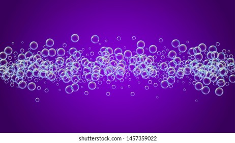 Bathtub foam. Detergent soap bubble and suds for bath. Shampoo. Multicolor fizz and splash. Realistic water frame and border. 3d vector illustration invite. Purple colorful liquid bathtub foam.