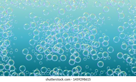 Bathtub foam. Detergent soap bubble and suds for bath. Shampoo. 3d vector illustration poster. Stylish fizz and splash. Realistic water frame and border. Blue colorful liquid bathtub foam.