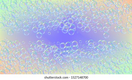 Bathtub foam. Detergent soap bubble and suds for bath. Shampoo. 3d vector illustration layout. Bright fizz and splash. Realistic water frame and border. Rainbow colorful liquid bathtub foam.