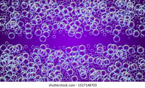 Bathtub foam. Detergent soap bubble and suds for bath. Shampoo. Vibrant fizz and splash. Realistic water frame and border. 3d vector illustration template. Purple colorful liquid bathtub foam.