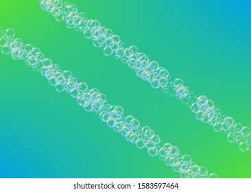 Bathtub foam. Detergent soap bubble and suds for bath. Shampoo. Stylish fizz and splash. Realistic water frame and border. 3d vector illustration poster. Green colorful liquid bathtub foam.