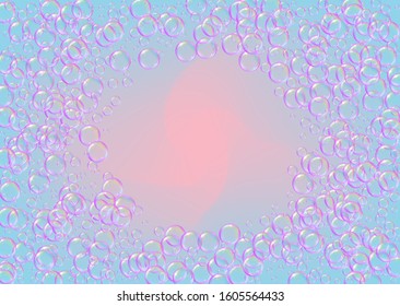 Bathtub foam. Detergent soap bubble and suds for bath. Shampoo. 3d vector illustration invite. Creative fizz and splash. Realistic water frame and border. Rainbow colorful liquid bathtub foam.