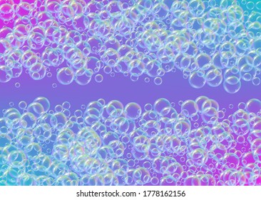 Bathtub foam. Detergent soap bubble and suds for bath. Shampoo. 3d vector illustration flyer. Creative fizz and splash. Realistic water frame and border. Purple colorful liquid bathtub foam.