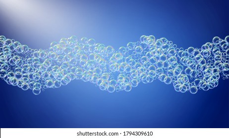 Bathtub foam. Detergent soap bubble and suds for bath. Shampoo. Bright fizz and splash. Realistic water frame and border. 3d vector illustration layout. Blue colorful liquid bathtub foam.