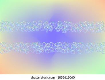 Bathtub foam. Detergent soap bubble and suds for bath. Shampoo. 3d vector illustration design. Multicolor fizz and splash. Realistic water frame and border. Rainbow colorful liquid bathtub foam.