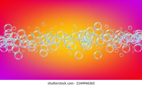 Espuma en la bañera. Burbuja de jabón detergente y suds para baño. Shampoo. 3d diseño de ilustración vectorial. Fizz azul arcoiris y salpicaduras. Marco hídrico y frontera realistas. espuma colorida en la bañera líquida.