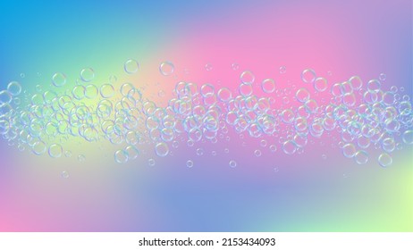 Bathtub foam. Detergent soap bubble and suds for bath. Shampoo. 3d vector illustration design. Trendy fizz and splash. Realistic water frame and border. Rainbow colorful liquid bathtub foam.