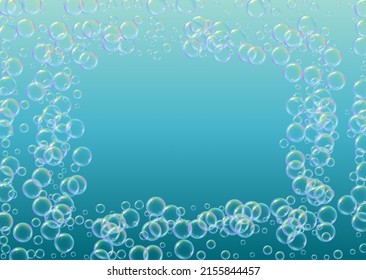 Bathtub foam. Detergent soap bubble and suds for bath. Shampoo. 3d vector illustration concept. Bright fizz and splash. Realistic water frame and border. Blue colorful liquid bathtub foam.
