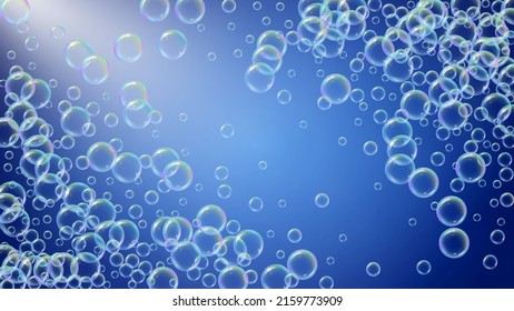 Espuma en la bañera. Burbuja de jabón detergente y suds para baño. Shampoo. 3d plantilla de ilustración vectorial. Fizz de moda y salpicaduras. Marco hídrico y frontera realistas. Bañera de espuma azul colorida.