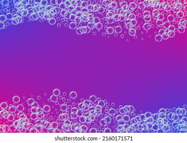 Bathtub foam. Detergent soap bubble and suds for bath. Shampoo. Stylish fizz and splash. Realistic water frame and border. 3d vector illustration layout. Purple colorful liquid bathtub foam.
