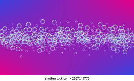 Bathtub foam. Detergent soap bubble and suds for bath. Shampoo. 3d vector illustration layout. Minimal fizz and splash. Realistic water frame and border. Purple colorful liquid bathtub foam.