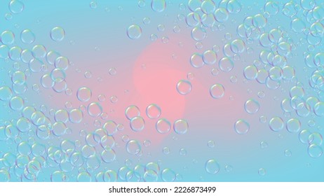 Bathtub foam. Detergent soap bubble and suds for bath. Shampoo. 3d vector illustration design. Bright fizz and splash. Realistic water frame and border. Purple colorful liquid bathtub foam.