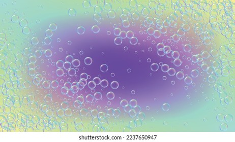 Badewannenschaum. Abschreckende Seifenblase und Schläuche zum Baden. Shampoo. Minimaler Sekt und Spritze. Realistischer Wasserrahmen und Rahmen. 3D-Vektorgrafik-Design. Regenbogen bunter flüssiger Badewanne Schaumstoff.
