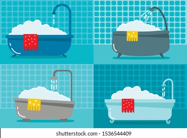 A bathtub with foam inside. Bathroom concept.  Cartoon style.
